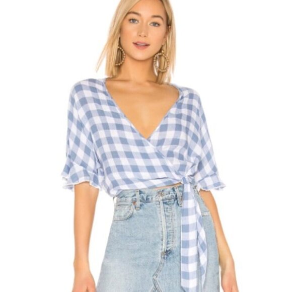 Rails Anthropologie Women Top XS Athena Gingham Periwinkle Check Surplice‎ Wrap - Picture 1 of 11